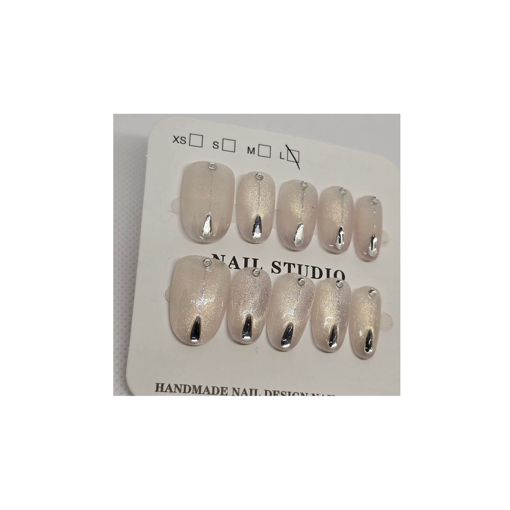 Handmade Champagne Cat Eye Press On Nails Silver Teardrop Gems Size L - Picture 4 of 4